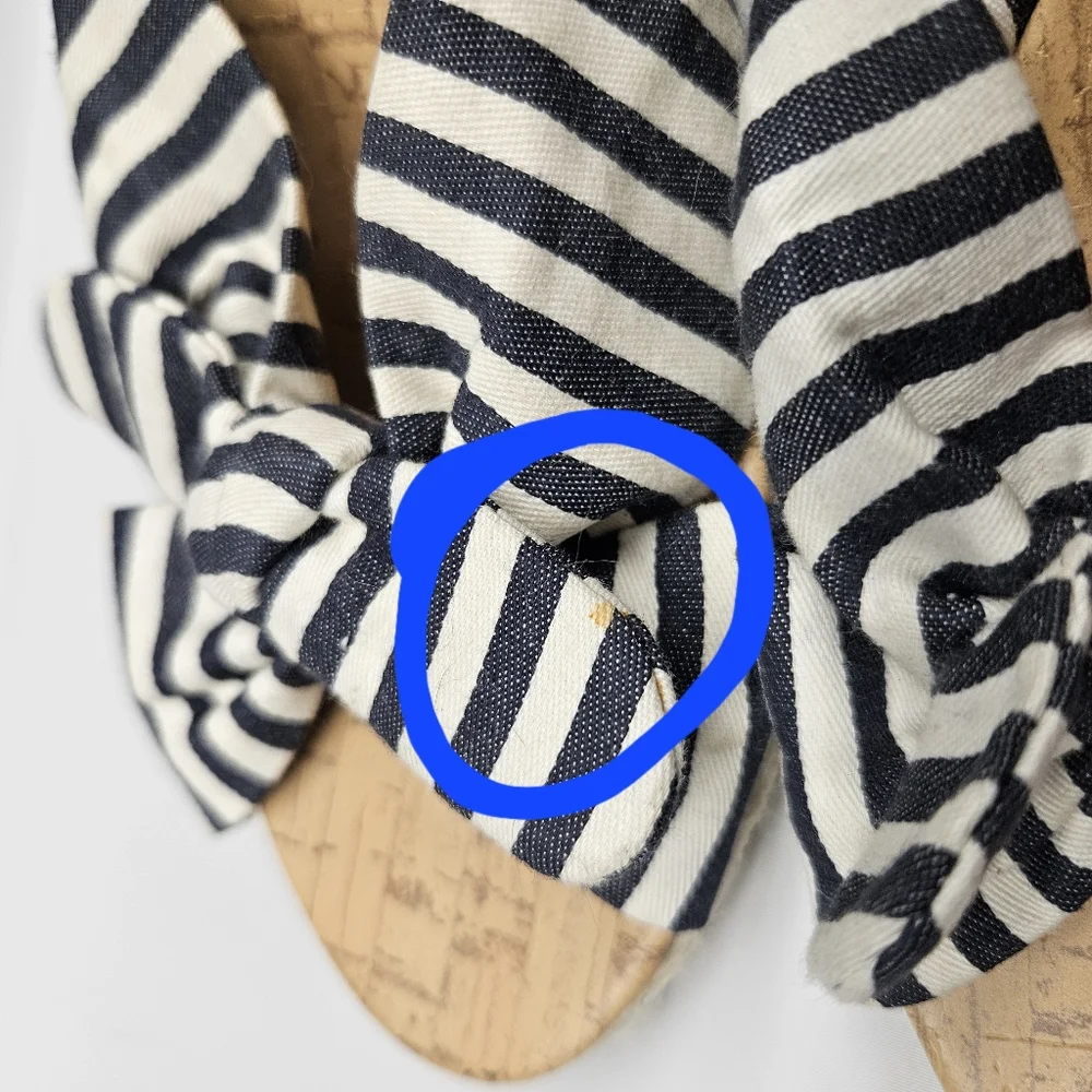 Chicos Wegde Heels Open Toe Espadrille Nautical Canvas Bow Blue Off White Womens